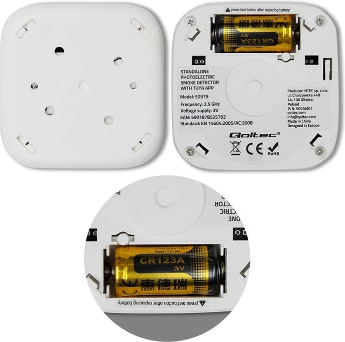 Detektor tymi smart Qoltec 52579, Wi‑Fi Tuya, alarm 85 dB, LED, me bateri CR123A 3V, i bardhë