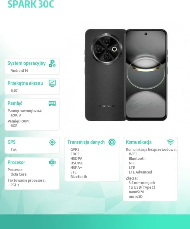 Celular TECNO Spark 30C, 6/128GB, Orbit Black