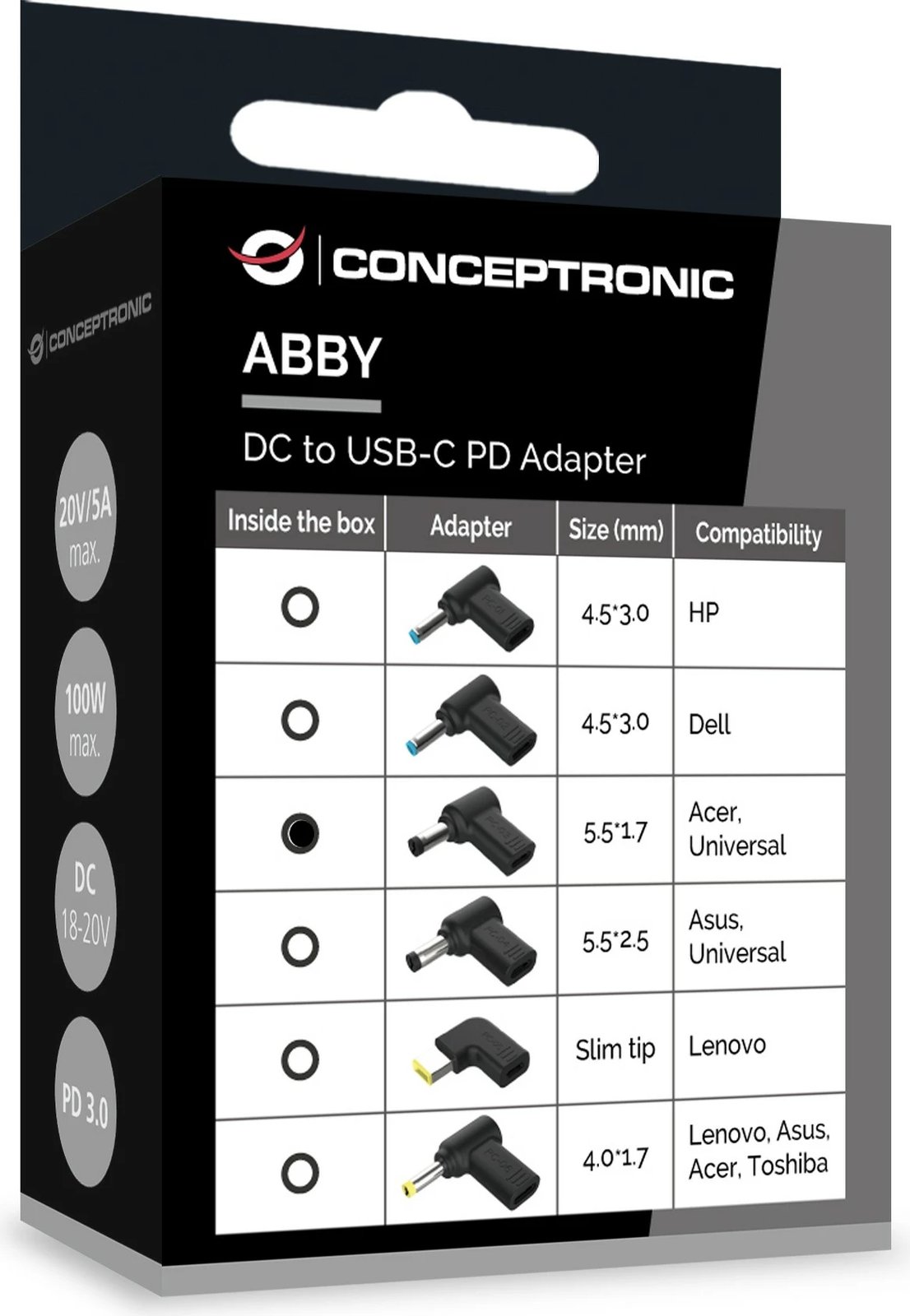 Adapter Conceptronic USB-C PD100W në 5.5x1.7mm për Acer, i zi