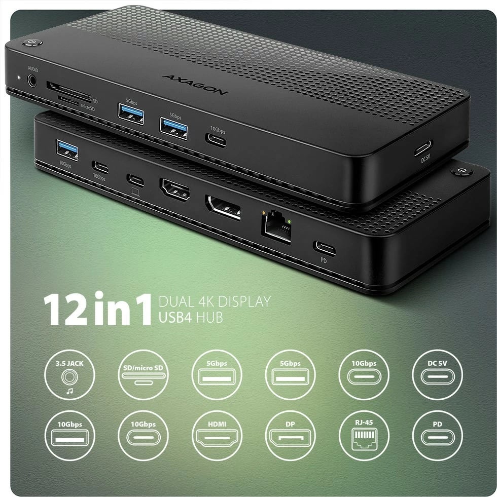 Stacion dokimi AXAGON HMC-U4, 12-në-1, USB4 40Gbps, 3x USB-A, 2x USB-C, GLAN, HDMI 8K, DP 8K, PD 100W, audio HQ, SD/microSD, 80cm kabllo, Zi