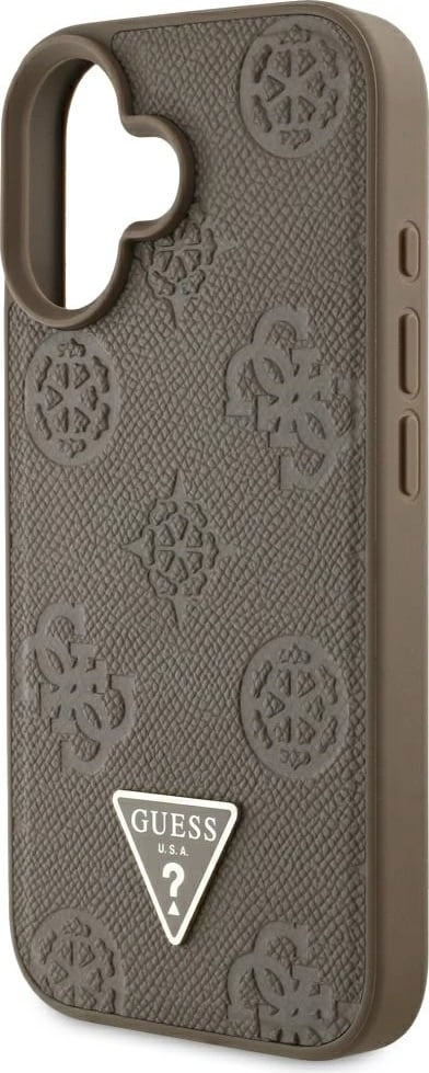 Mbështjellës Guess Grained Hot Stamp Peony Triangle Logo MagSafe për iPhone 16, Kafe