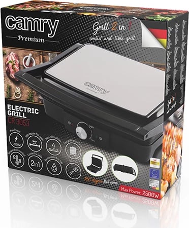 Grill elektrik tavoline, Camry, CR 3053, 180° hapje, pllaka jo-ngjitëse 28x23 cm, termostat, 2000W (max 2500W), zi-argjendt