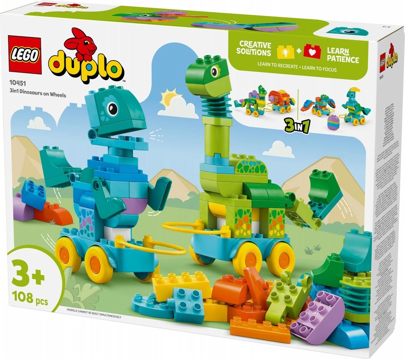 Set lodrash LEGO DUPLO 3-në-1 Dinosaurë me rrota, 108 pjesë, për fëmijë, shumëngjyrësh