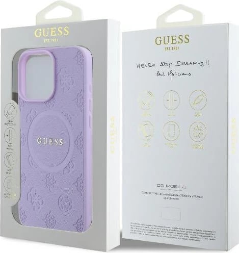 Mbështjellës Guess Saffiano Peony Classic Logo MagSafe për iPhone 16 Pro, Vjollcë