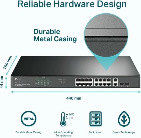 Switch TP-LINK TL-SG1218MP, 16xGE PoE+, 2xGE, 2xSFP, Kasë rack, i zi