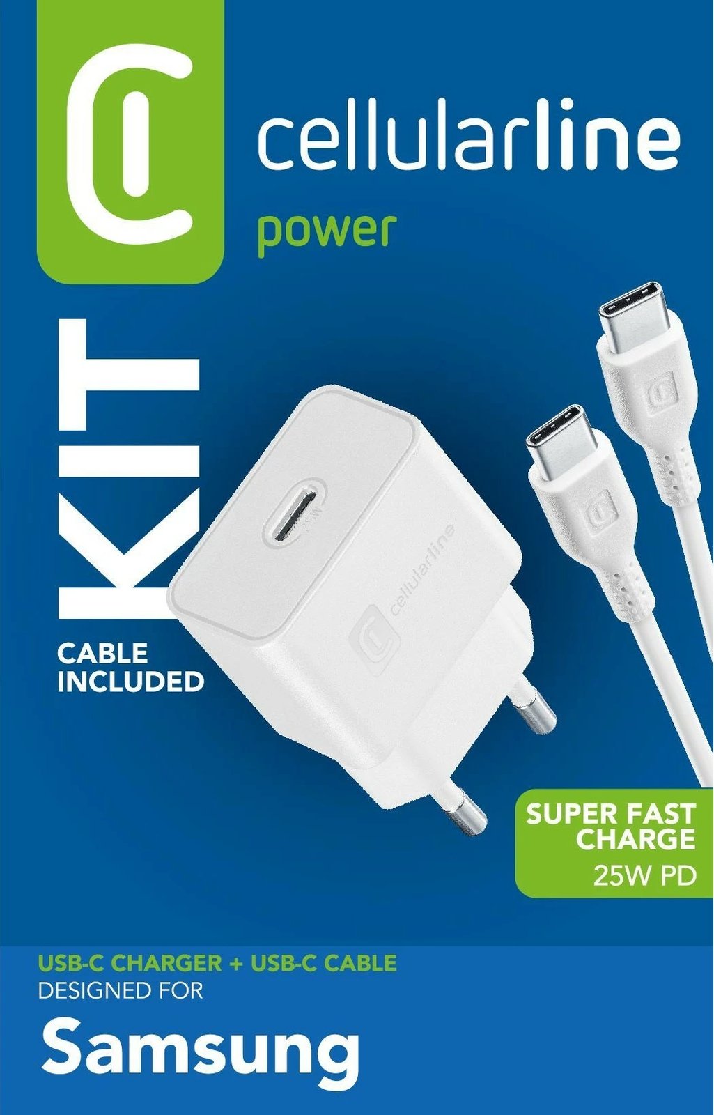 Karikues i shpejtë Cellular Line Super Fast Charger Kit 25W, USB-C në USB-C, 1m, bardhë