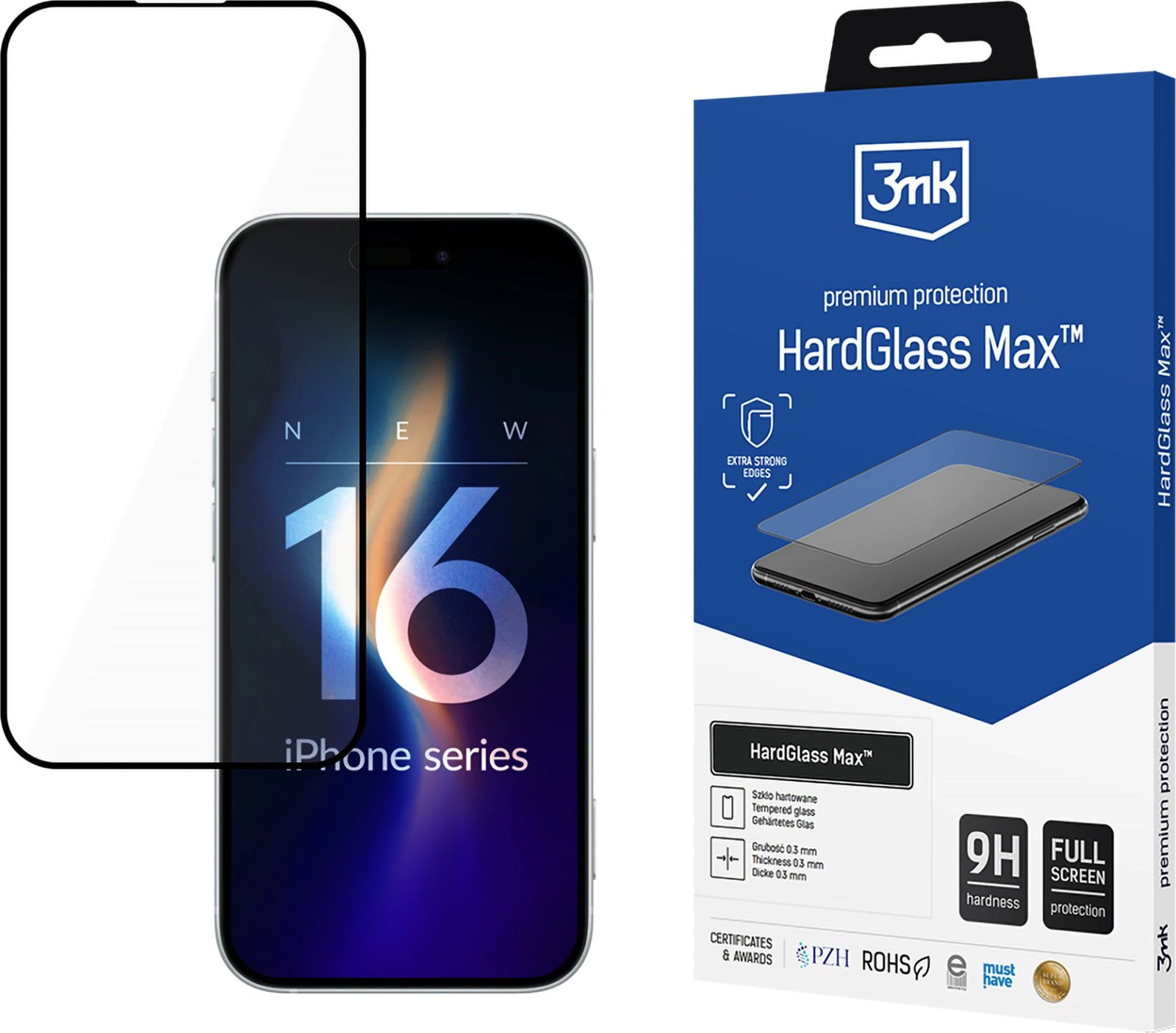 Xham i temperuar 3mk HardGlass Max për iPhone 16 Plus, Zi
