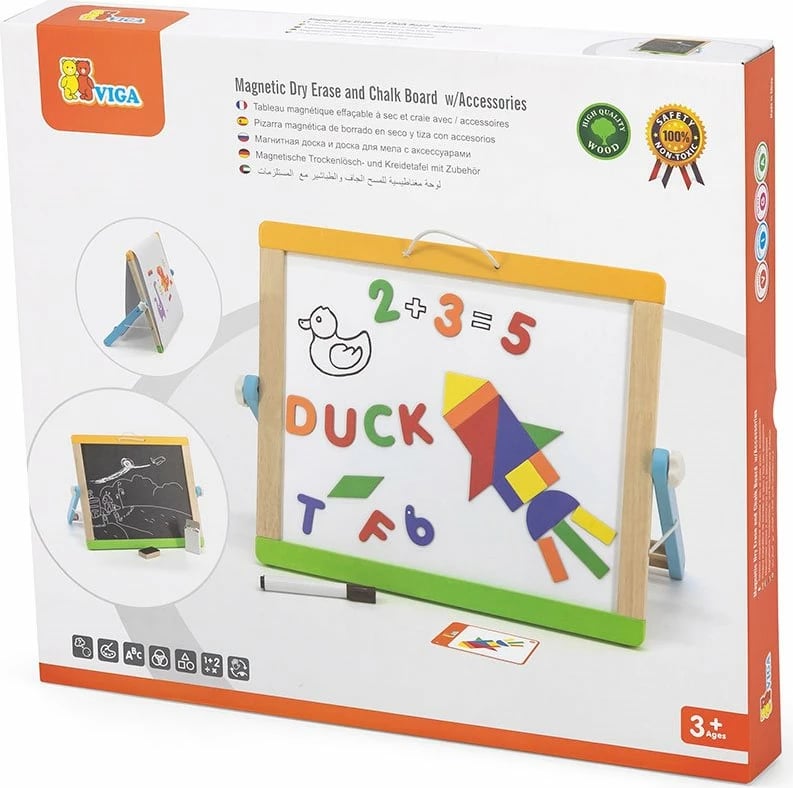 Tabelë magnetike druri, Viga, me dy anë (tabelë e bardhë + shkumës), set me 26 shkronja, 10 numra, 29 forma, me rul letre, multingjyrës