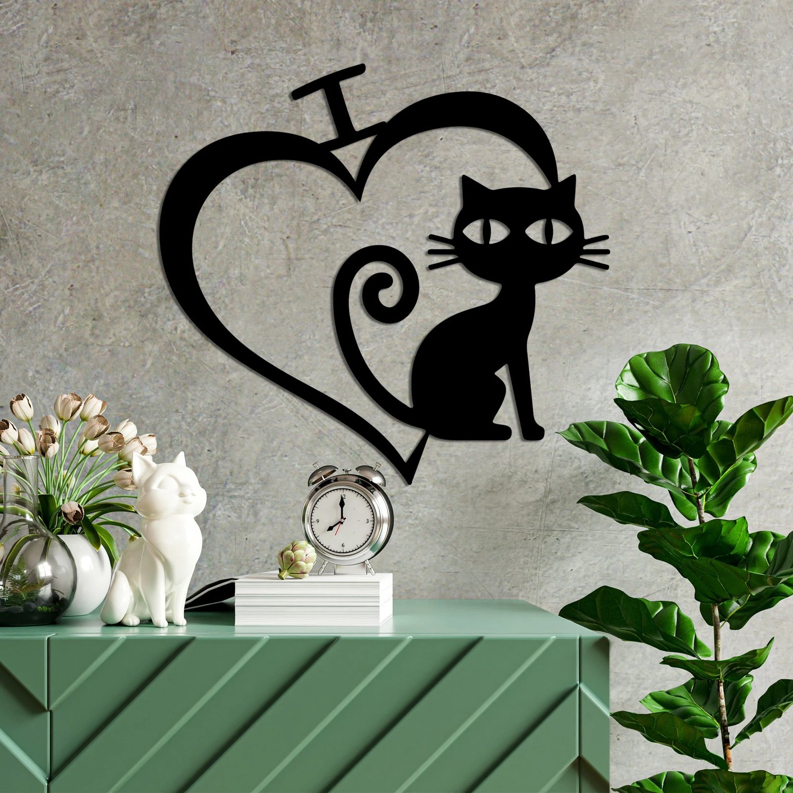 Aksesor dekorativ metalik për mur, mace, Wallity, Cat 4, ngjyrë e zezë, 50x54cm