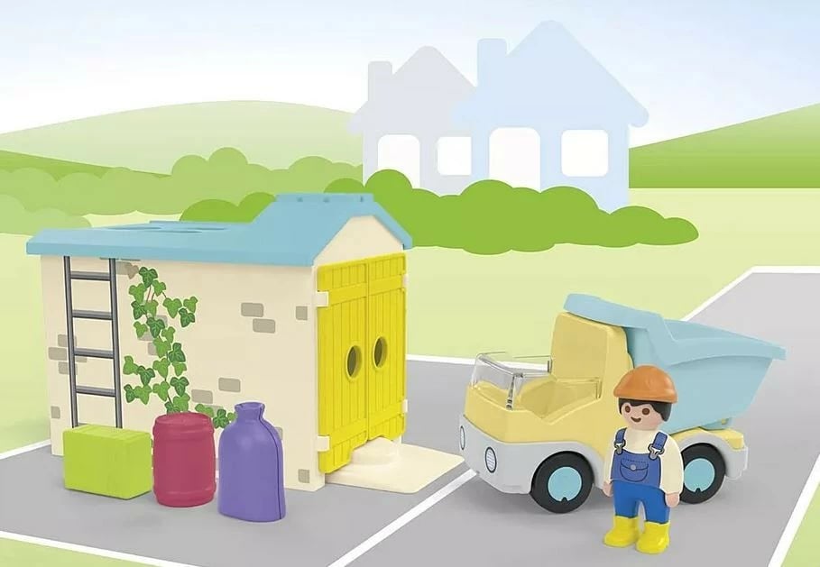 Set figurina Playmobil Junior 71686, kamion me garazh dhe panel për ndarje formash, plastikë, 9 pjesë