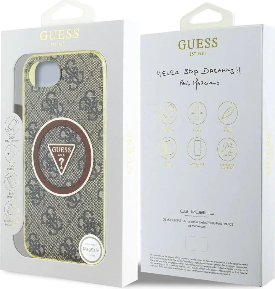 Mbështjellës Guess IML Metal Glitter 4G Circle Triangle MagSafe për iPhone 16e, Kafe