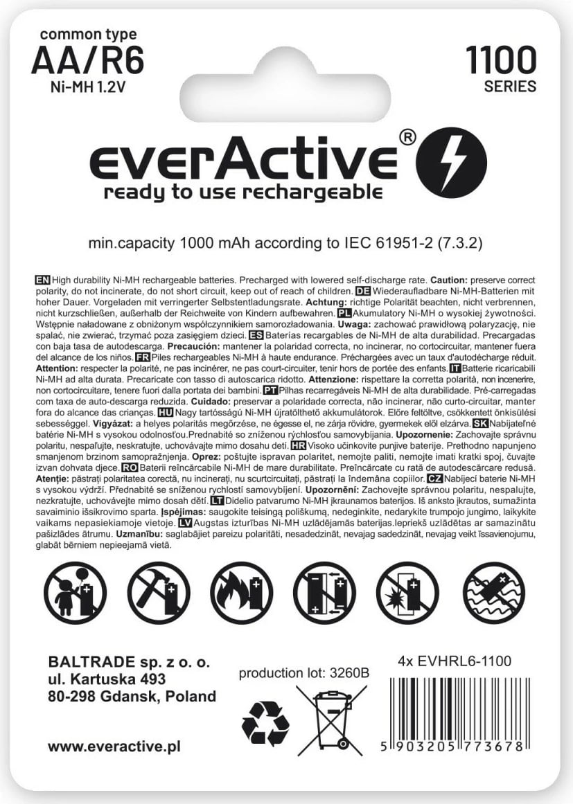 Bateri të rikarikueshme everActive Infinity Line AA R6, 1100 mAh, paketë prej 4 copë, Jeshile