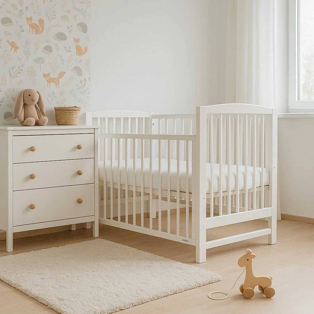 krevat bebe New Baby LILLY 120x60 cm me anësore që ulet me një dorë, 3 nivele të dyshemesë, dru pishe, i bardhë