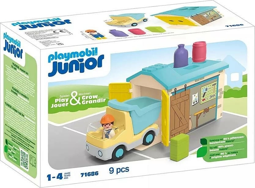 Set figurina Playmobil Junior 71686, kamion me garazh dhe panel për ndarje formash, plastikë, 9 pjesë