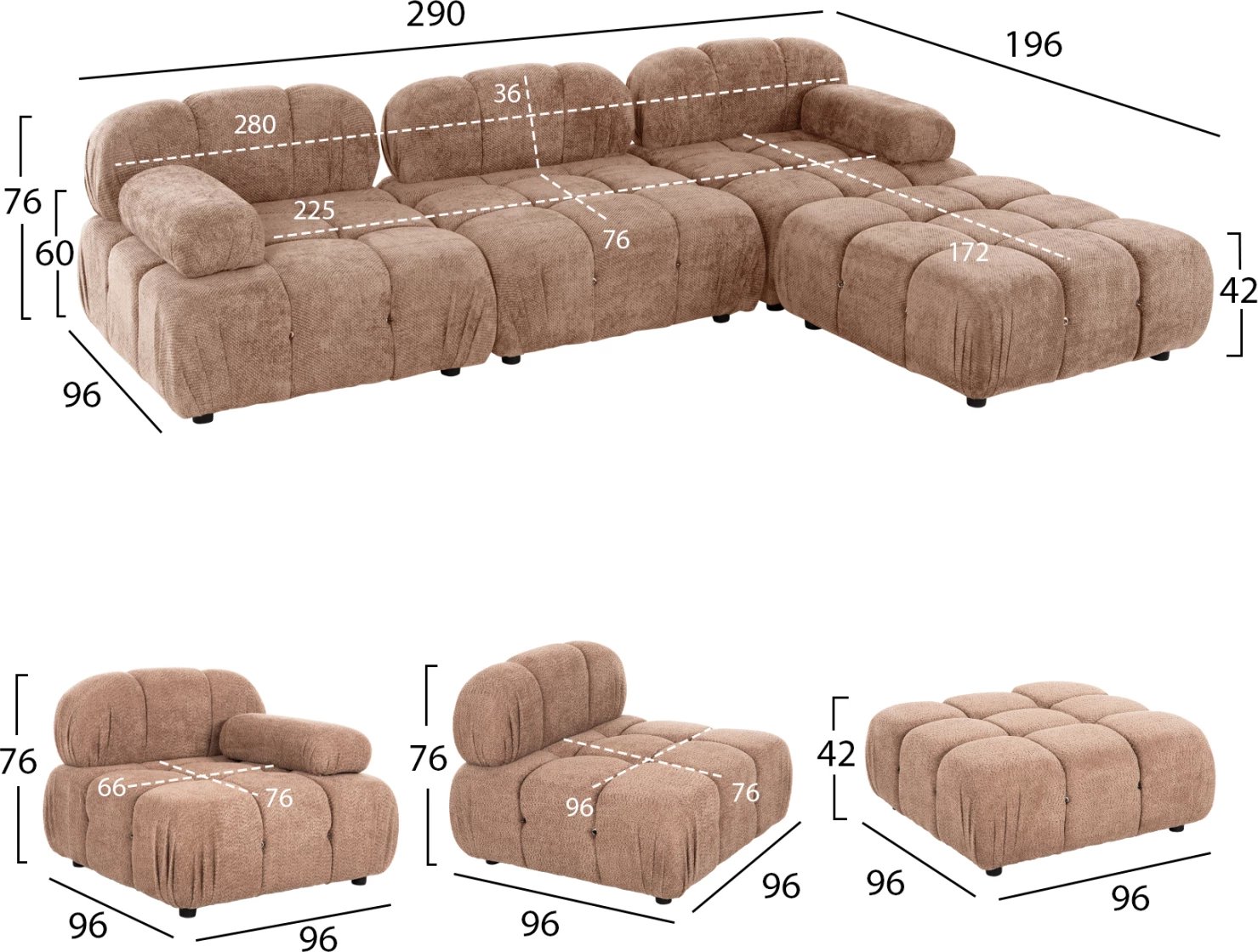 Divan polimorfik SHIFTER FH6073.01, pëlhurë me teksturë, ngjyrë kafe e çelur, 290x196x76H cm