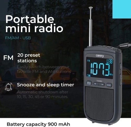 Radio portative, Camry CR 1905, AM/FM, ekran LCD, USB-C, 20 stacione, alarm, bateri 900 mAh