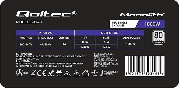 Burimi i Energjisë Qoltec 50349 PCI-E 1800W, 80 Plus Platinum për Lojëra dhe Miniera