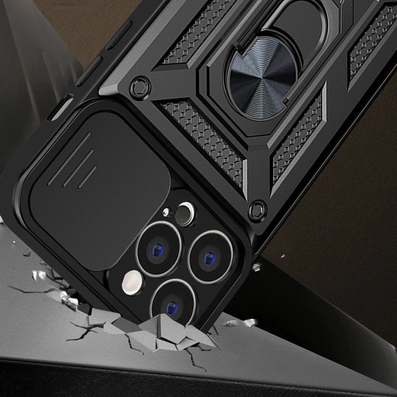 Mbështjellës Hurtel Hybrid Armor Camshield për iPhone 14 Pro Max, me kapak kamere, me unazë, Blu