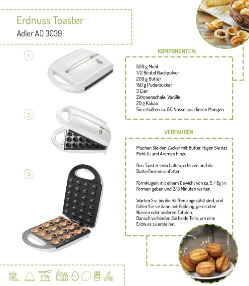 Aparat për biskota arra XL, Adler AD 3039, 24 gjysmë-arra, 1600W, pllaka jo-ngjitëse, e bardhë