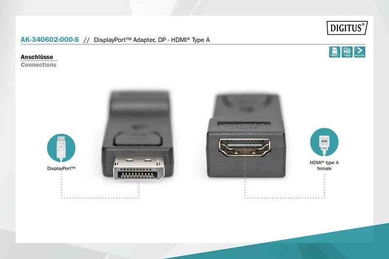 Adapter Digitus DisplayPort në HDMI, AK-340602-000-S, i zi