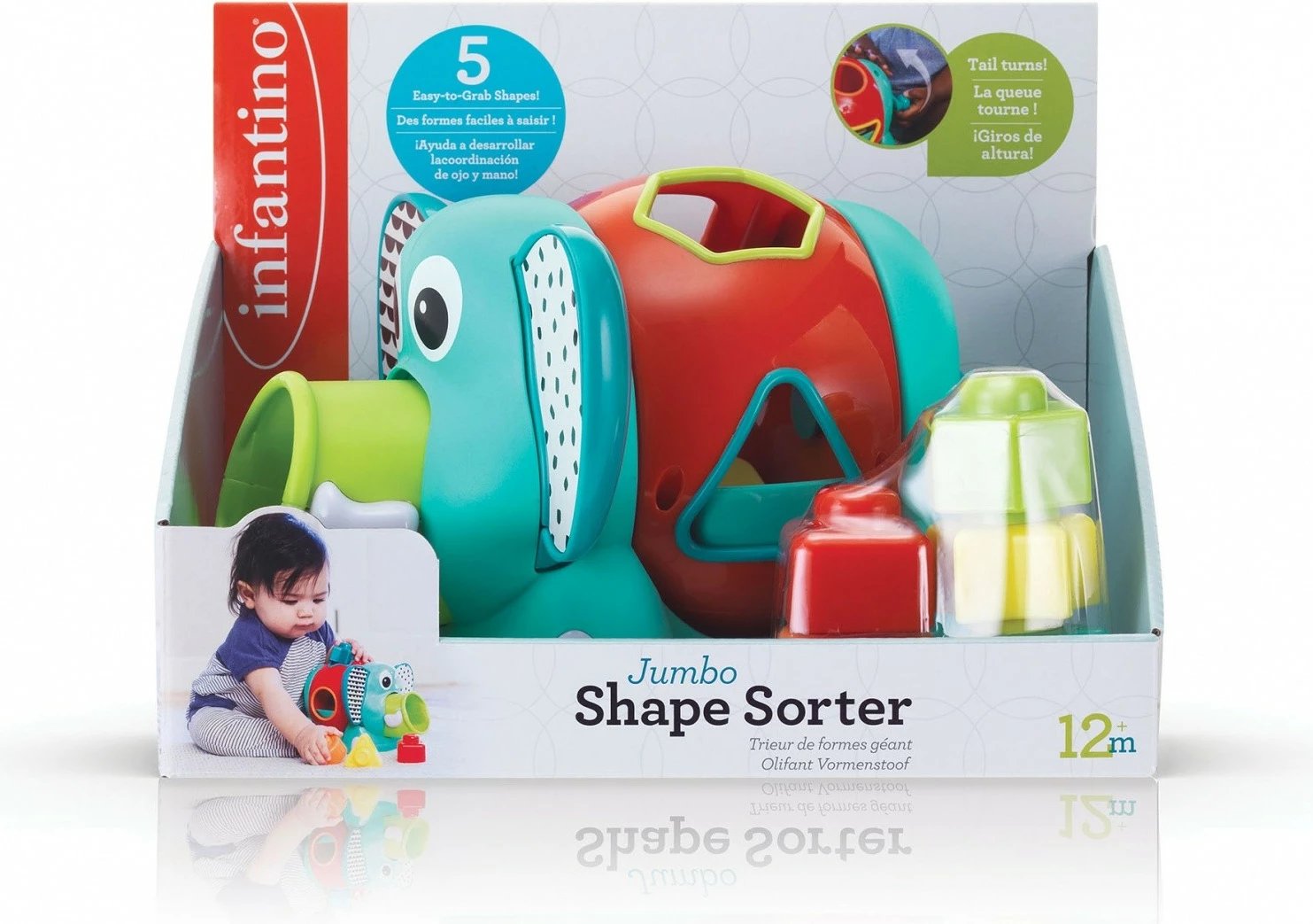 Sorter formash elefant Infantino Jumbo Shape Sorter 150306912, për 12m+, 5 blloqe, shumëngjyrë, set