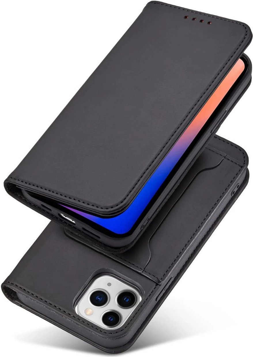 Mbështjellës Hurtel Magnet Card Case për iPhone 12, me portofol dhe mbajtëse, e zezë