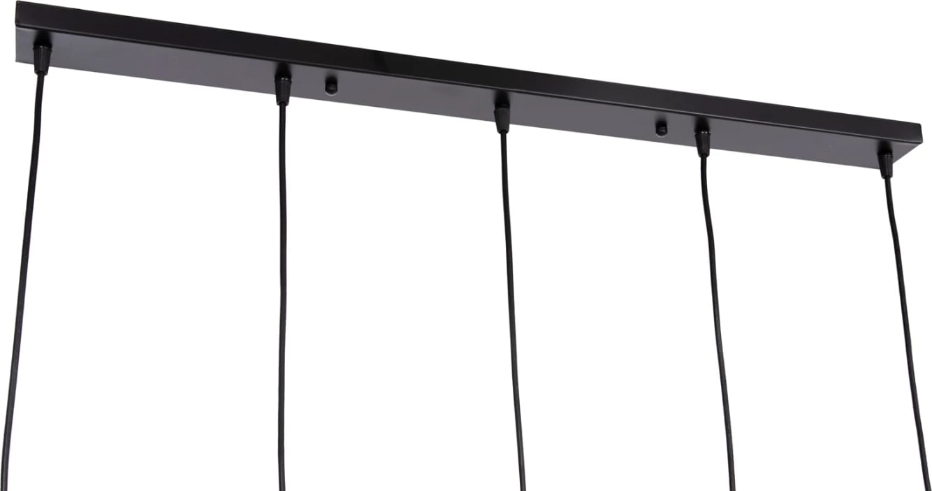 Llambë tavani varëse me 5 drita, metal i zi, priza të arta, BIUT FH7545.11, 80x6x138cm Llambë tavani varëse me 5 drita, metal i zi, priza të arta, BIUT FH7545.11, 80x6x138cm