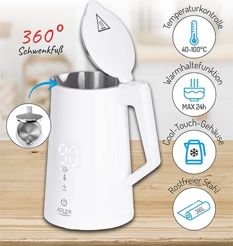 Çajnik elektrik, Adler AD 1345, rregullim temperature, ekran LED, 1.7 L, STRIX, i bardhë