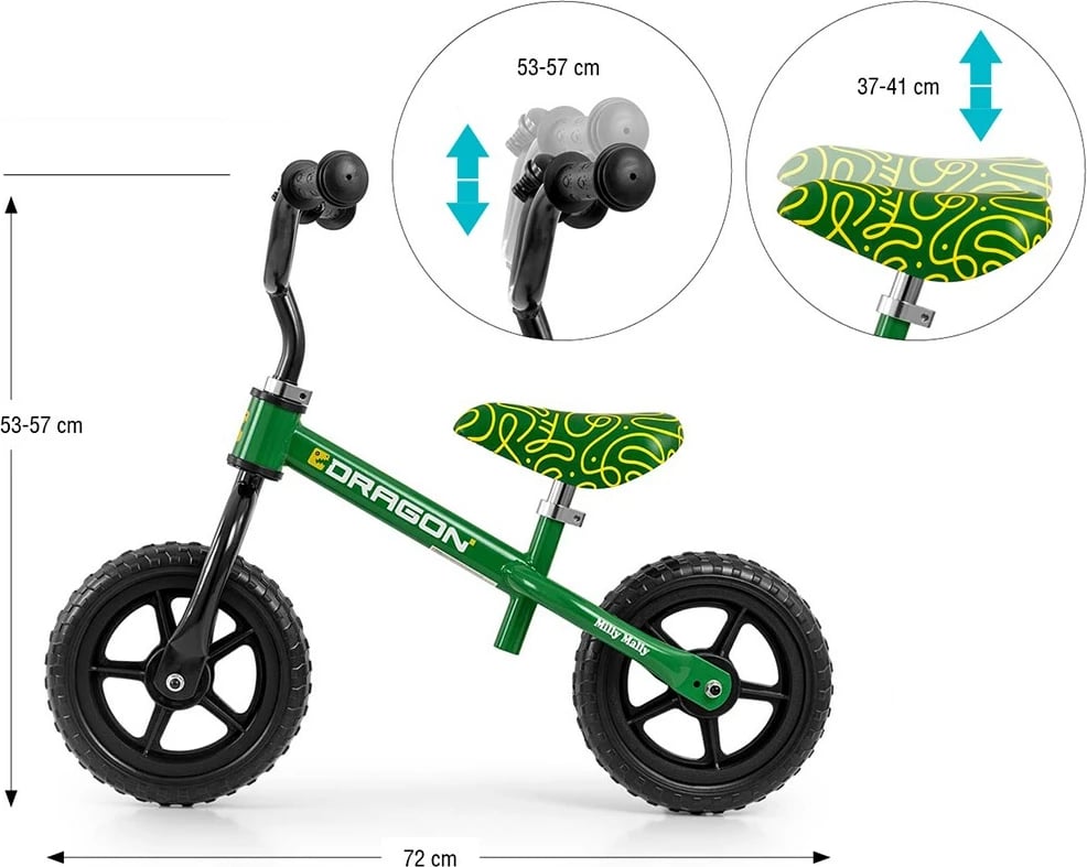 biçikletë balancuese Milly Mally Dragon 10" rrota shkumë, kornizë çeliku, sedilje dhe timon të rregullueshëm, zile, 2–4 vjeç, jeshile