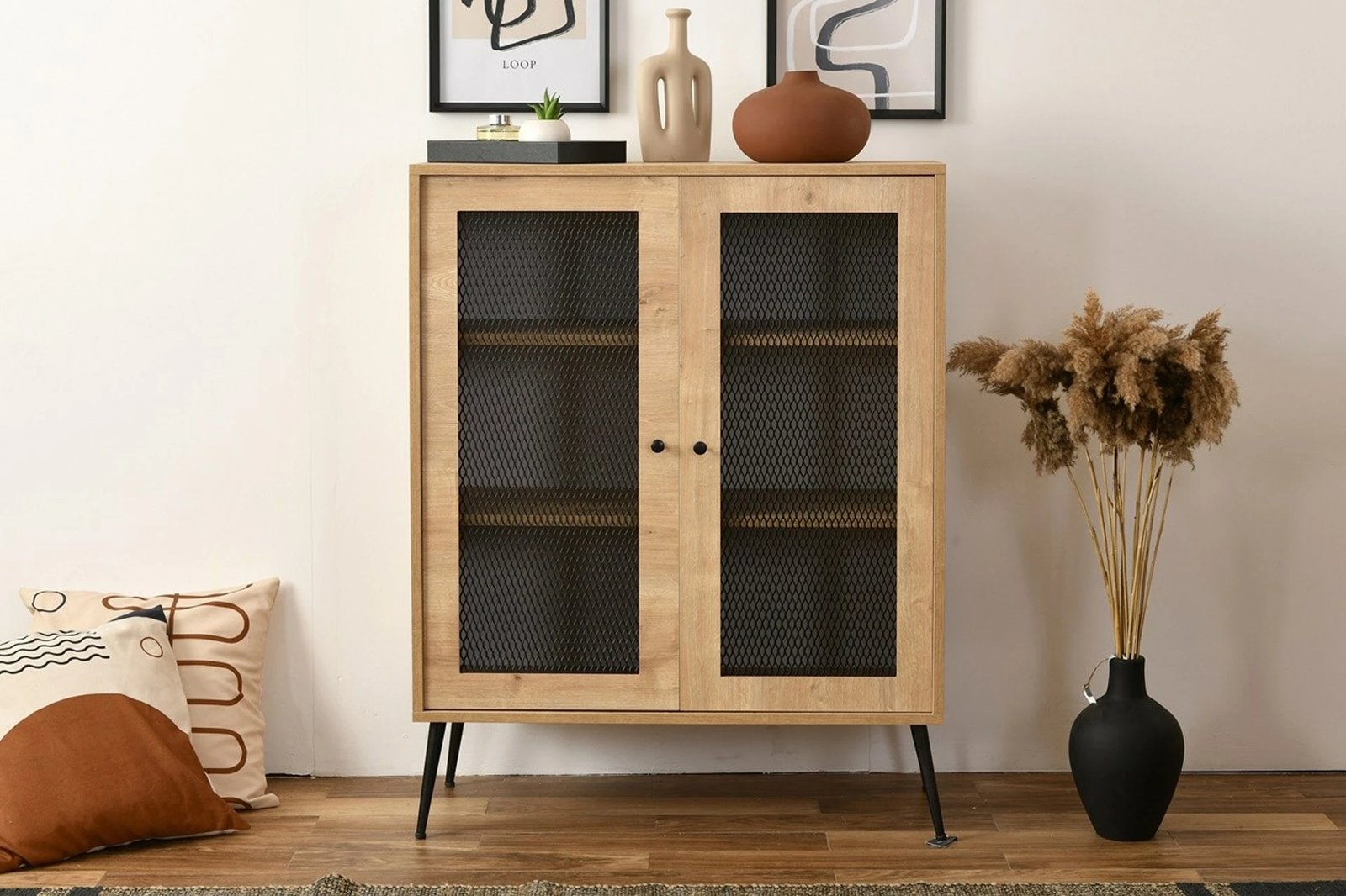 Komodë anësore Skye Decor, ngjyrë lisi, me rrjetë