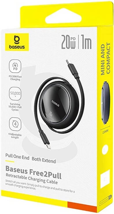 Kabllo karikimi Baseus Free2Pull, USB-C në Lightning, 1m, 20W, e zezë