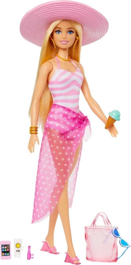 Kukull Barbie Mattel HPL73 me aksesorë plazhi, rozë