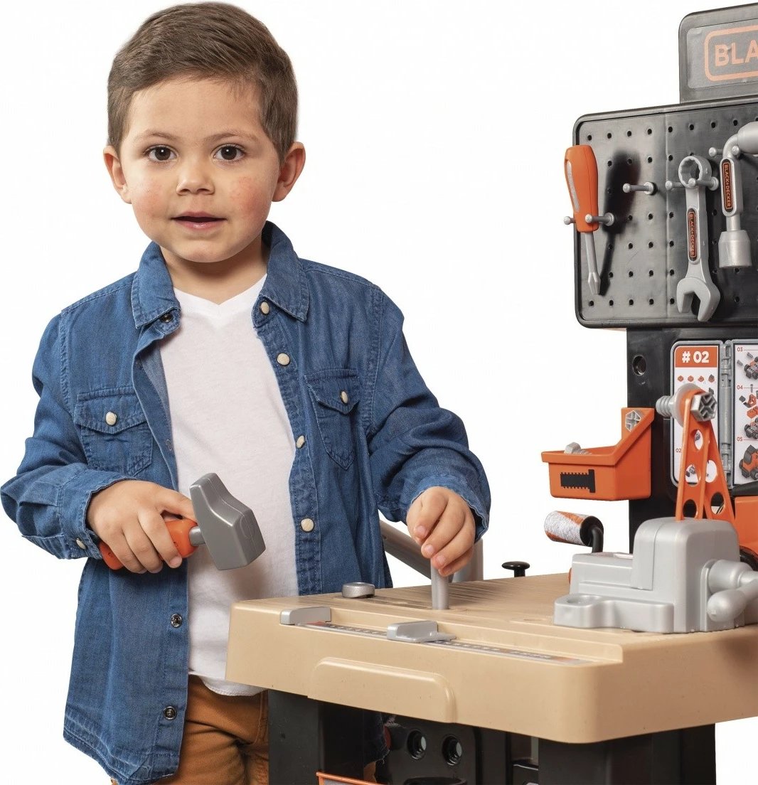 Set lodrash punëtori Smoby Black+Decker Mega Workshop 3-në-1, 100 aksesorë, për fëmijë, e zezë/portokalli/gri/druri