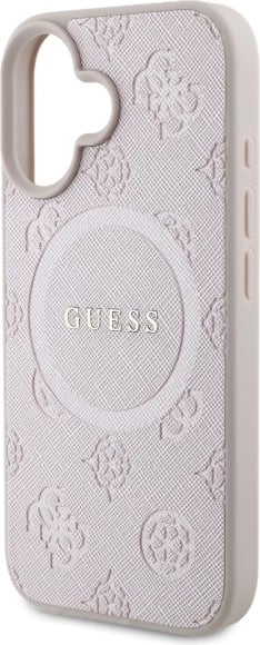 Mbështjellës Guess Saffiano Peony Classic Logo MagSafe për iPhone 16, Rozë