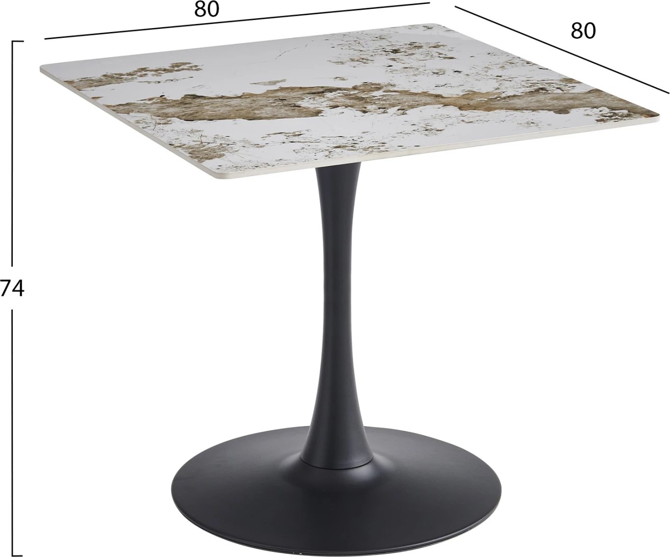 Tavolinë ngrënieje TETRAN, bazë metalike e zezë, sipërfaqe prej guri të sinterizuar, ngjyrë Pandora, 80x80x74cm