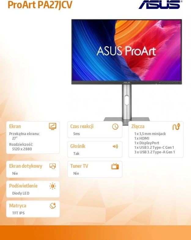 Monitor Asus ProArt PA27JCV, 27", 5K, IPS, USB-C, HDMI, Argjendtë