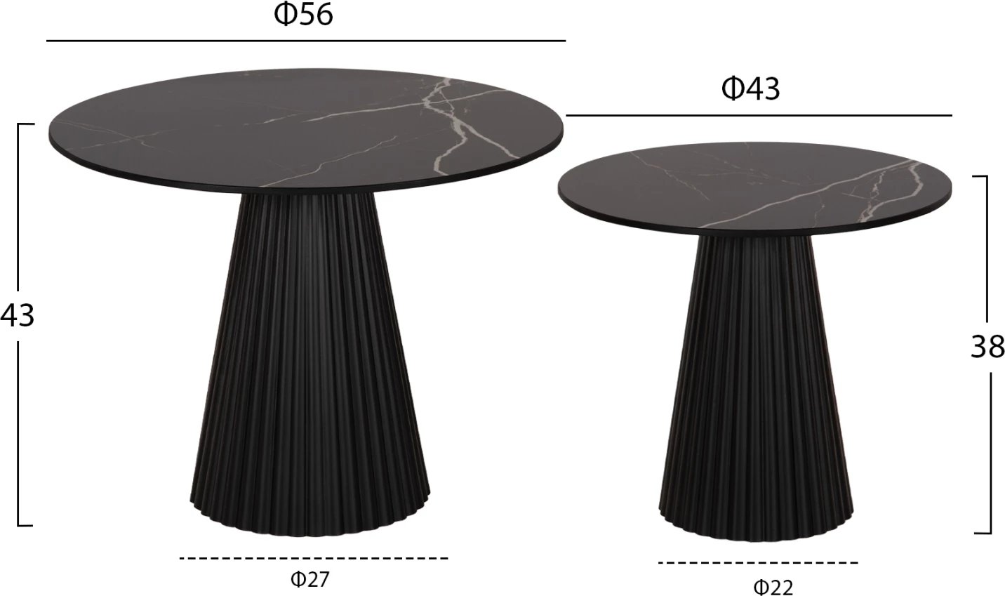 Tavolina kafeje 2 copë DIEN FH9926, baza metalike dhe sipërfaqe qeramike, ngjyrë e zezë, Φ56&Φ43 cm