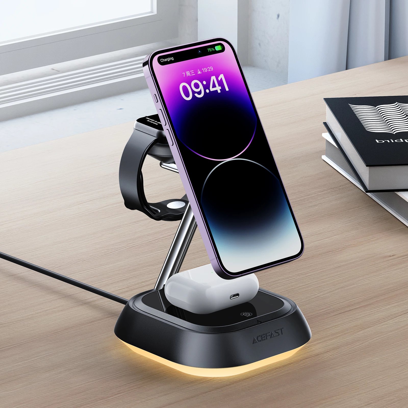 Stacion karikimi 3-në-1 Acefast E16, 15W, për telefon, orë dhe kufje, e zezë