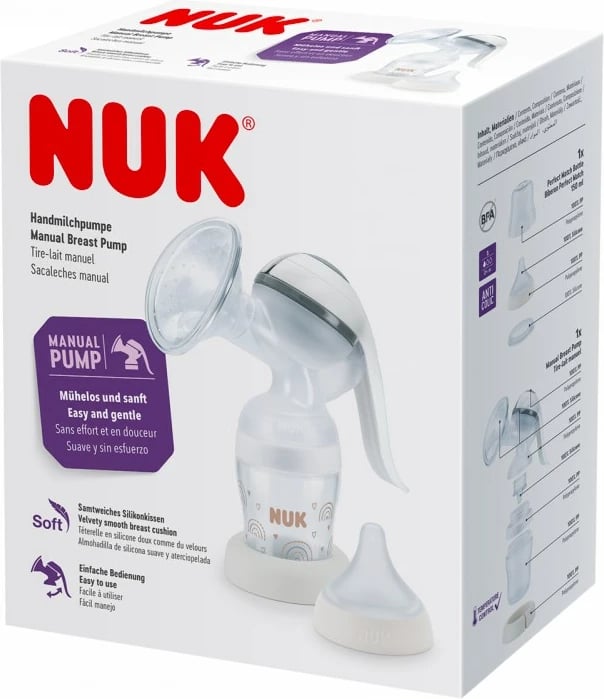 Pompe gjiri manuale, NUK, Perfect Match, 150 ml, set me biberon, kapak mbrojtës, unazë mbyllëse dhe bazë, transparente
