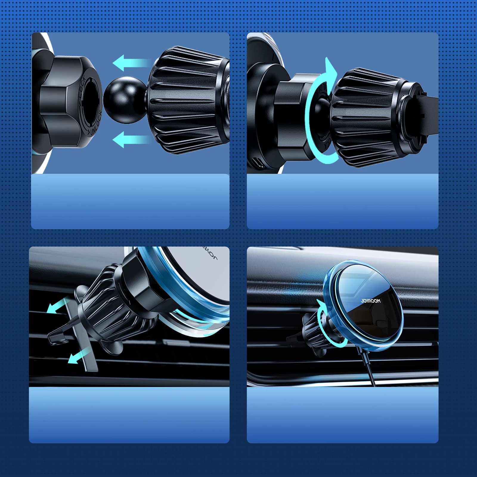 Mbajtëse makine për celular me karikues wireless MagSafe 15W, Joyroom JR-ZS291, për grilë ajrimi, me rrotullim 360°, me kabllo USB-A në USB-C, argjendtë