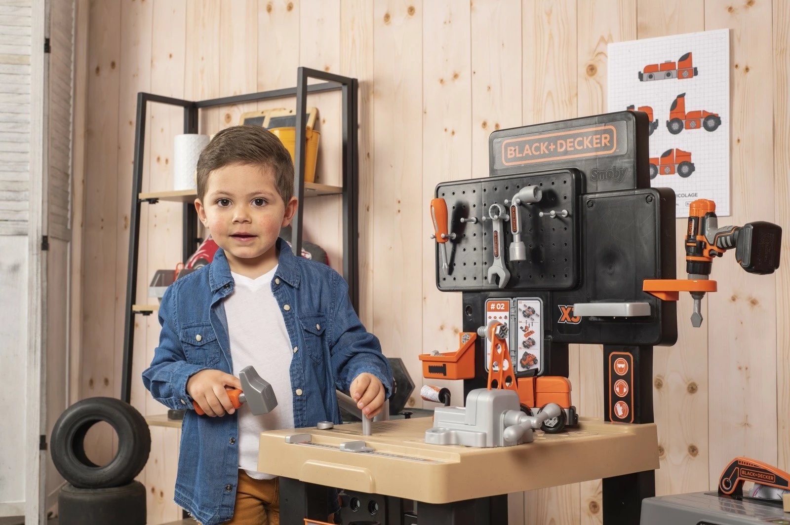 Set lodrash punëtori Smoby Black+Decker Mega Workshop 3-në-1, 100 aksesorë, për fëmijë, e zezë/portokalli/gri/druri