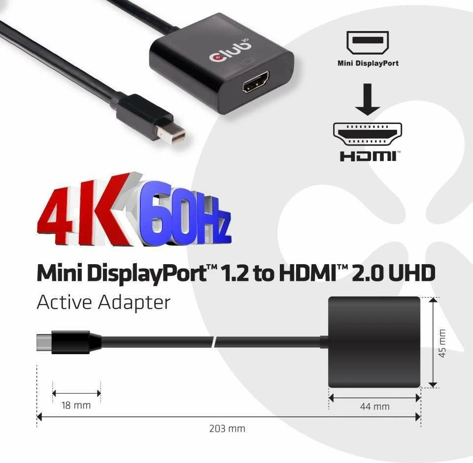 Adapter Club3D Mini DisplayPort në HDMI 2.0, 4K60Hz, i zi