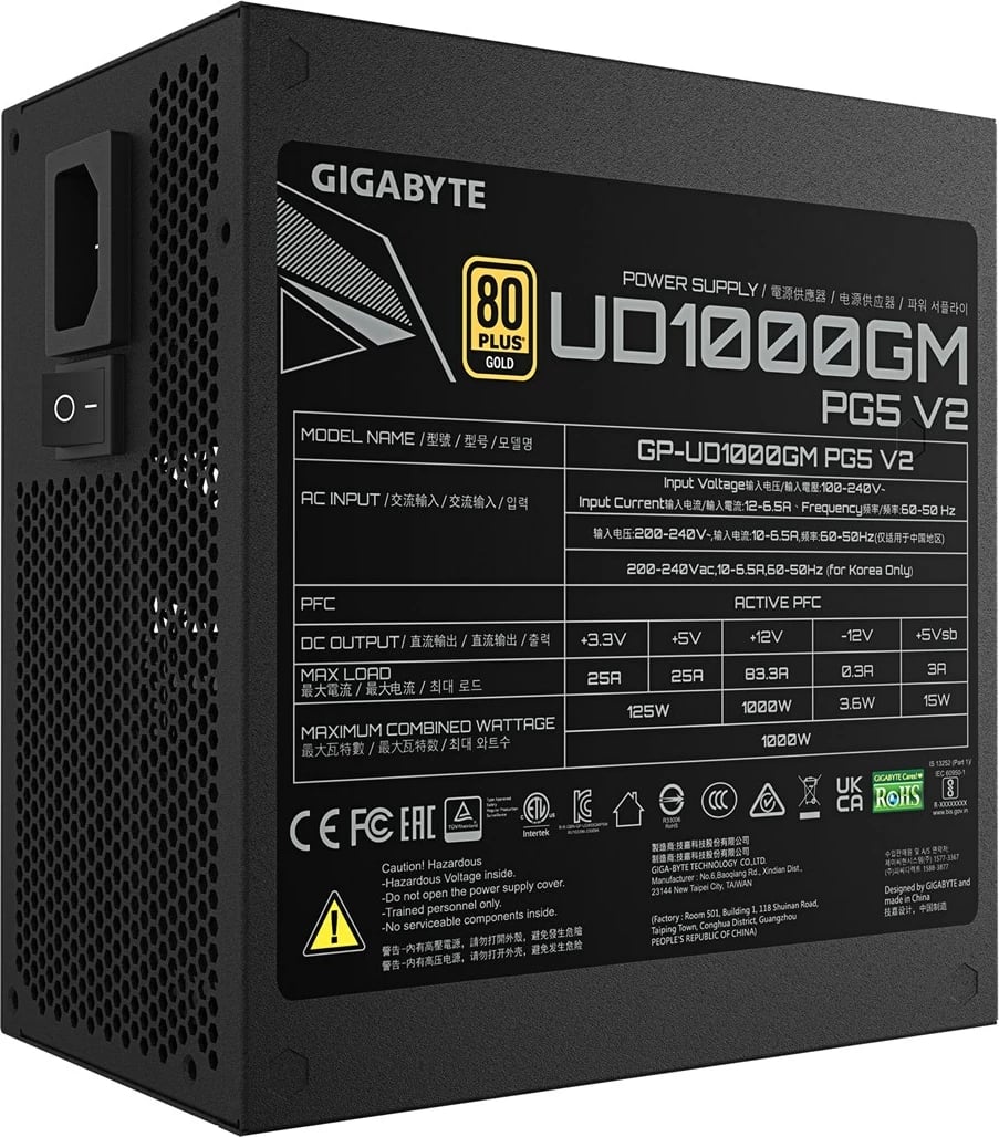 Kasë energjie Gigabyte UD1000GM PG5 V2, 1000W, 80 PLUS Gold, Modular, PCIe Gen 5.1, ATX 3.1, E zezë