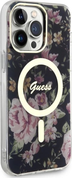 Mbështjellës Guess GUHMP14XHCFWSK për iPhone 14 Pro Max 6.7", MagSafe, lule, zi Mbështjellës Guess GUHMP14XHCFWSK për iPhone 14 Pro Max 6.7", MagSafe, lule, zi