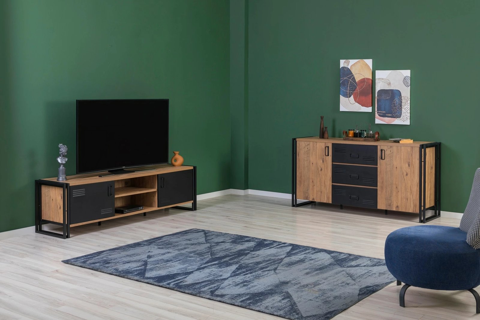 Set mobiljesh për dhomë dite, ngjyrë pishë Atlantike dhe e zezë, Cosmo Takım 22