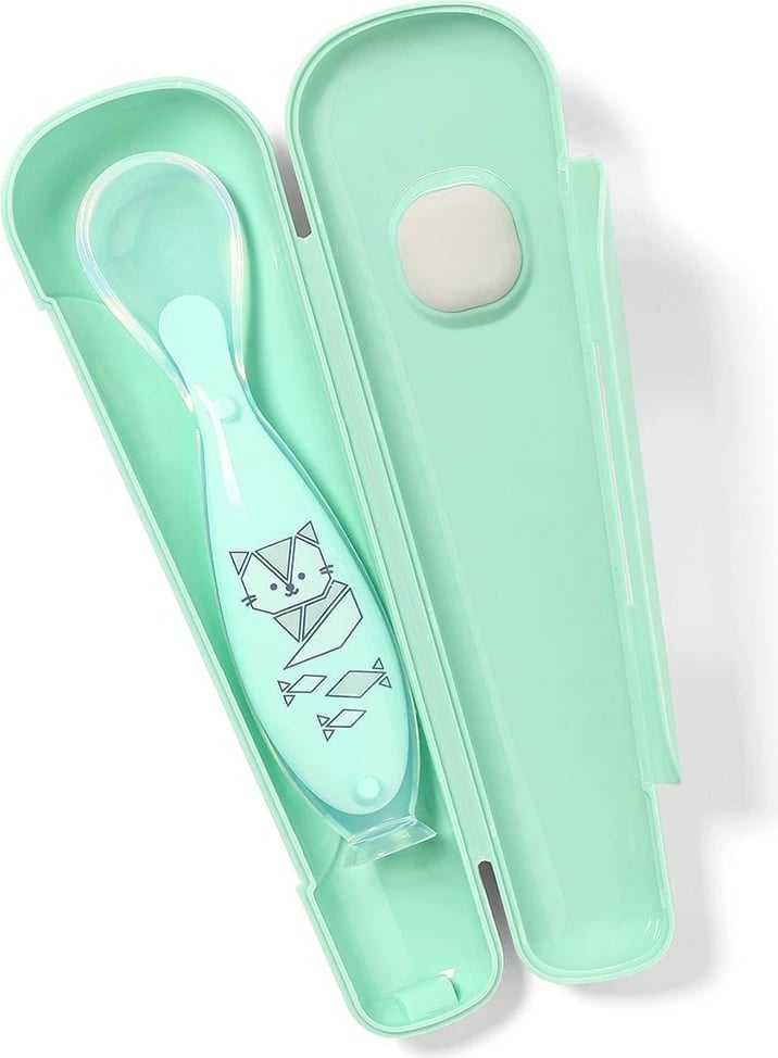 Lugë silikoni me kupë thithëse, Baby Ono, me kuti mbrojtëse, pa BPA, për 6m+, jeshile, set 1 lugë + kuti