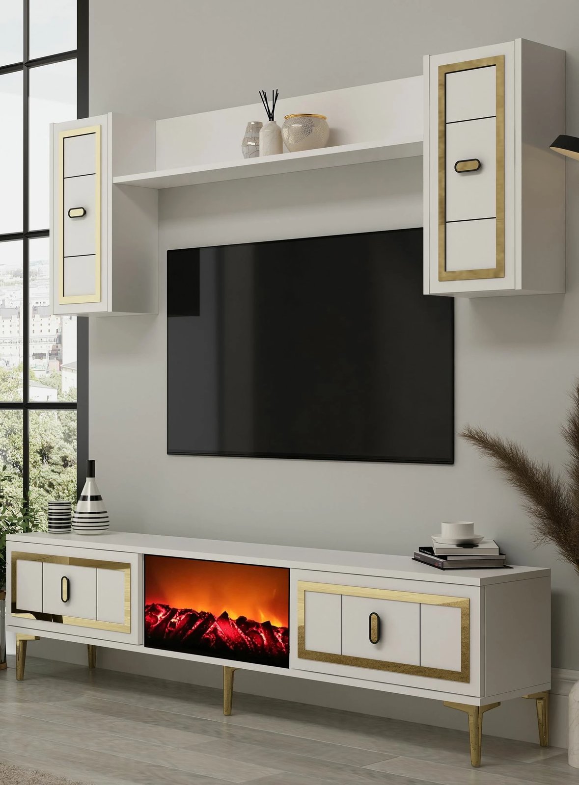 Njësi TV Skye Decor, me oxhak Orion, e bardhë dhe ari