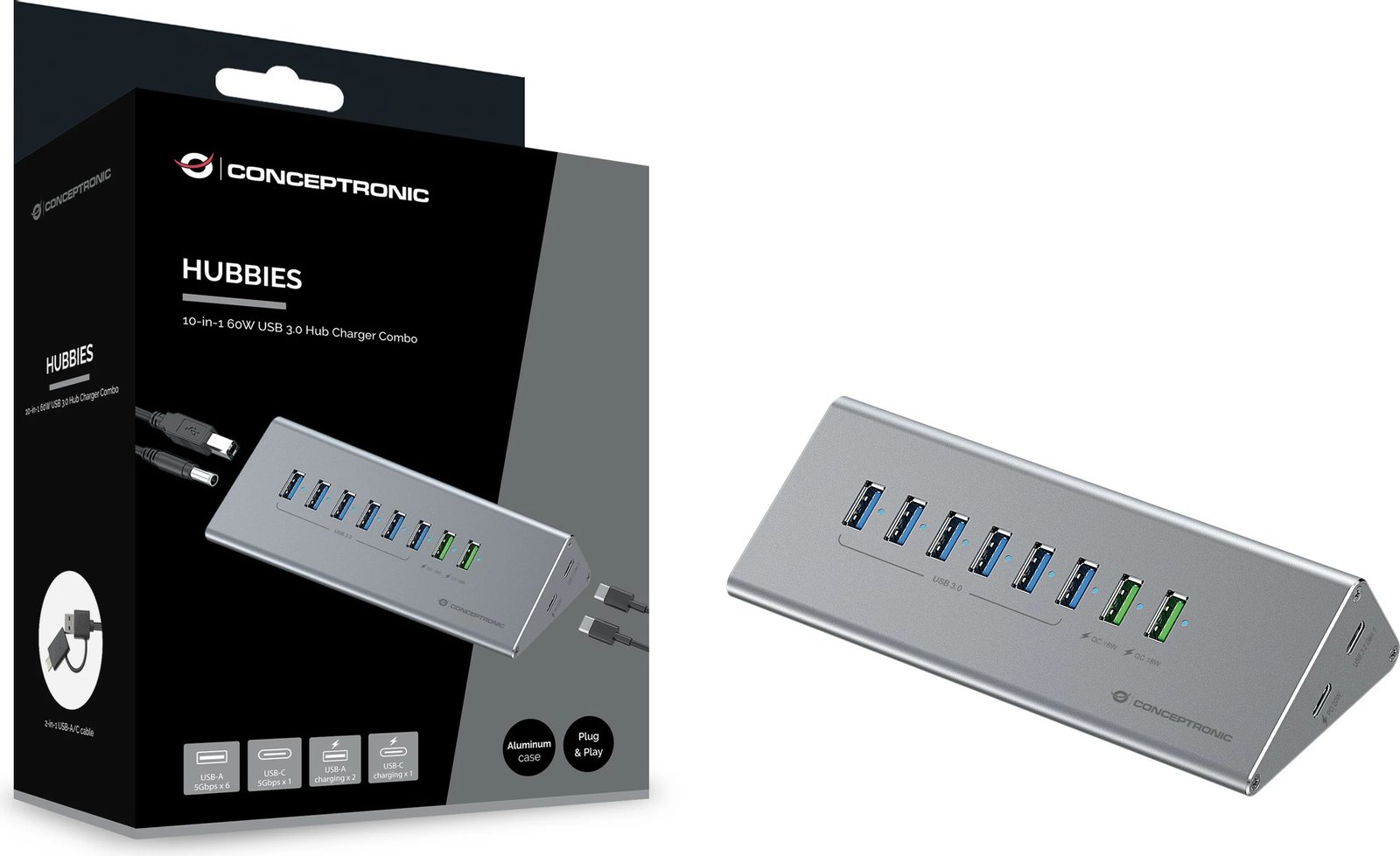 USB hub Conceptronic 10-porta, USB-A 3.0/USB-C, me furnizim energjie, gri