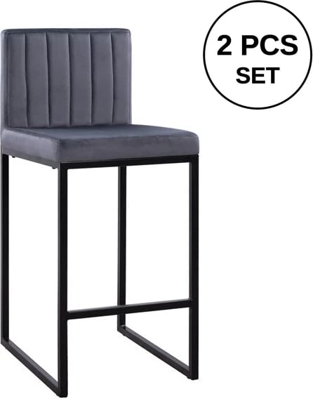 Karrige për bar Piper, kadife gri & kornizë metalike e zezë, FH8525.01, 40x49x96 cm, set prej 2 copë