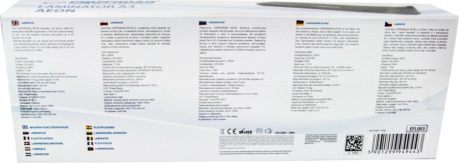 Laminator Esperanza AEON A3, EFL003, i zi, për dokumente A3/A4 Laminator Esperanza AEON A3, EFL003, i zi, për dokumente A3/A4